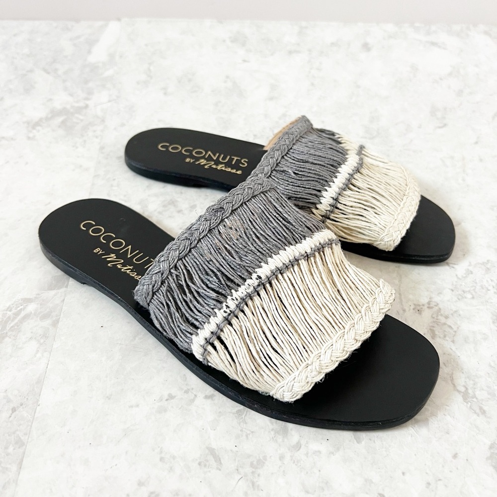 NEW Anthropologie Coconuts By Matisse Slide Sandals Leather Jute Gray White 8